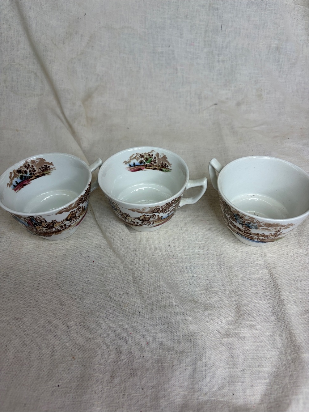 Set of 3 Vintage the last load Teacups in White with Brown Scenic Pattern